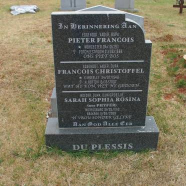 PLESSIS Pieter Francois, du 1911-1984 &amp; Sarah Sophia Rosina PHYFER 1913-2008 :: DU PLESSIS Francois Christoffel 1948-2007