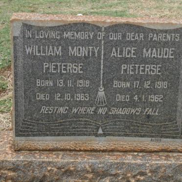 PIETERSE William Monty 1918-1963 &amp; Alice Maude 1918-1962