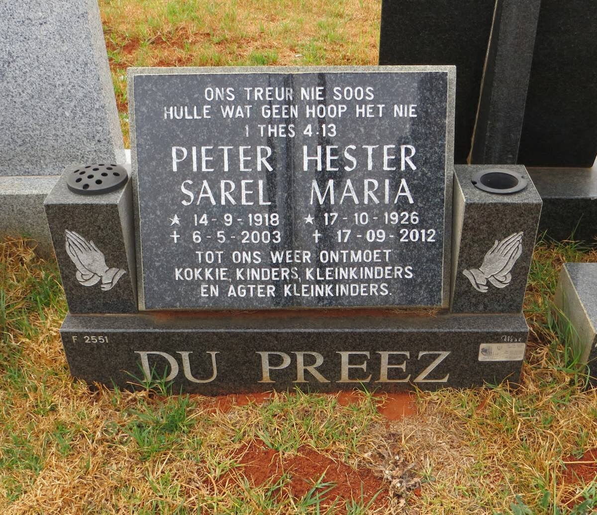 PREEZ Pieter Sarel, du 1918-2003 &amp; Hester Maria 1926-2012
