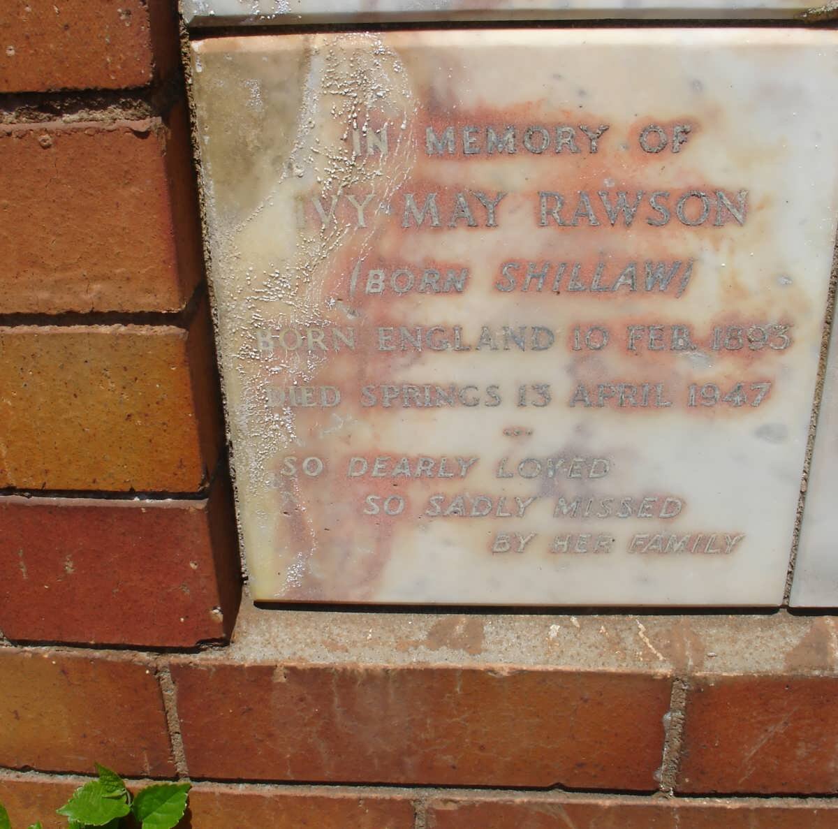 RAWSON Ivy May nee SHILLAW 1893-1947