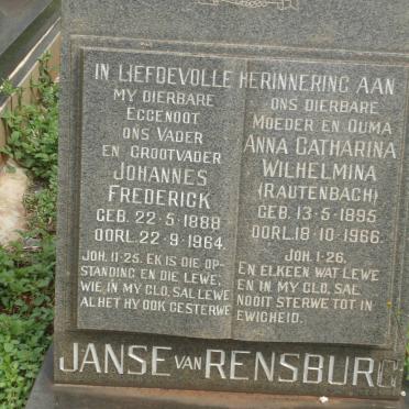 RENSBURG Johannes Frederick, Janse van 1888-1964 &amp; Anna Catharina Wilhelmina RAUTENBACH 1895-1966