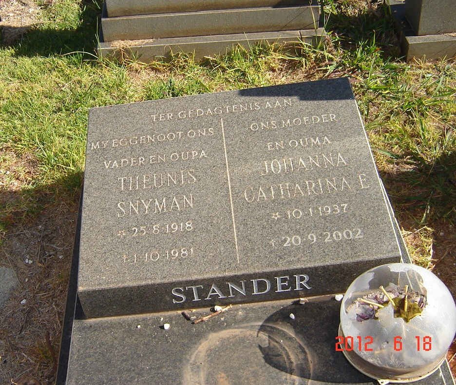 STANDER Theunis Snyman 1918-1981 &amp; Johanna Catharina E. 1937-2002