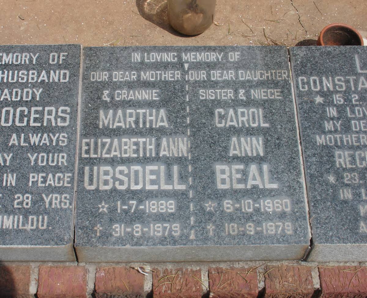 UBSDELL Martha Elizabeth  1889-1979 :: BEAL Carol Ann 1960-1979