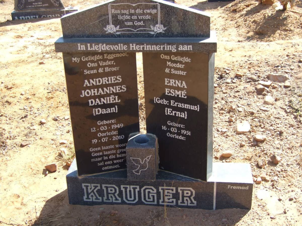 KRUGER Andries Johannes Daniel 1949-2010 &amp; Erna Esme ERASMUS 1951-