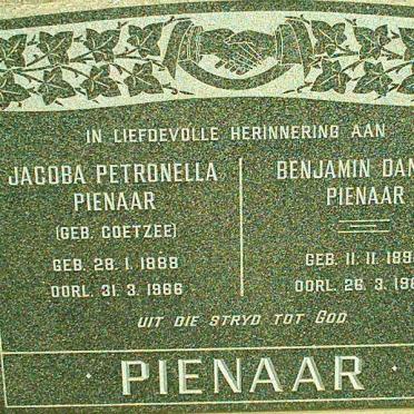 PIENAAR  Benjamin Daniel 1890-1968 &amp; Jacoba Petronella COETZEE 1888-1968
