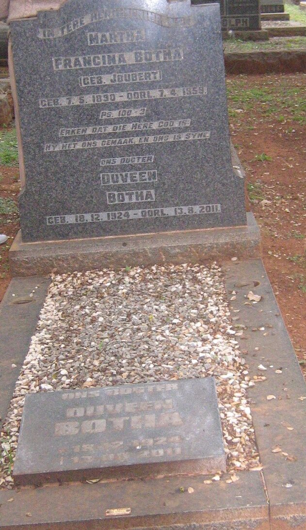 BOTHA Martha Francina nee JOUBERT 1890-1959 :: BOTHA Duveen 1924-2011