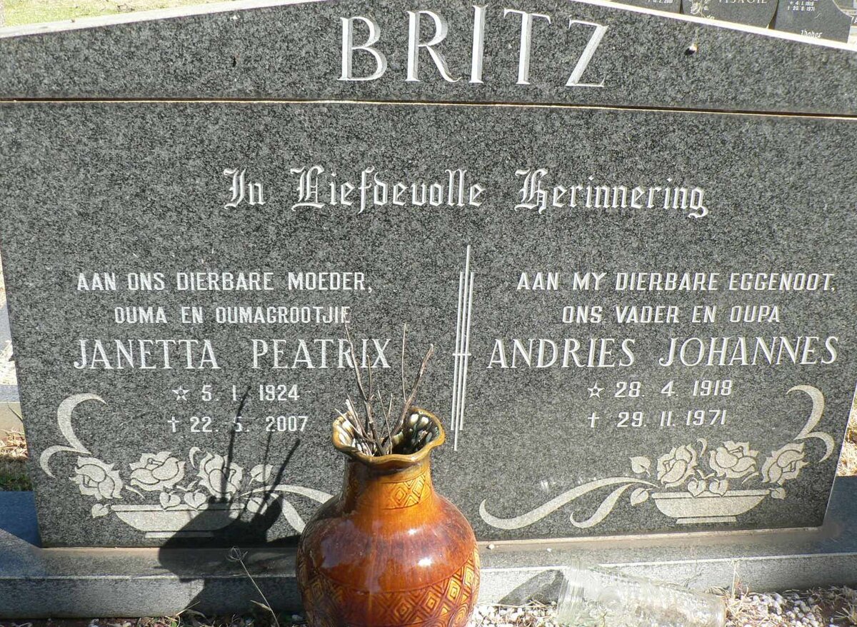BRITZ Andries Johannes 1918-1971 &amp; Janetta Peatrix 1924-2007