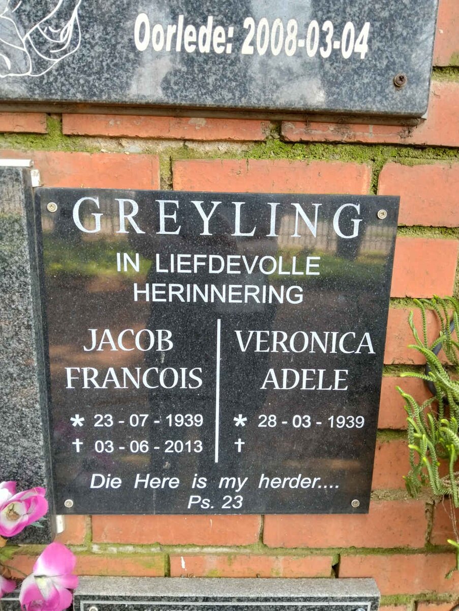 GREYLING Jacob Francois 1939-2013 & Veronica Adele 1939-