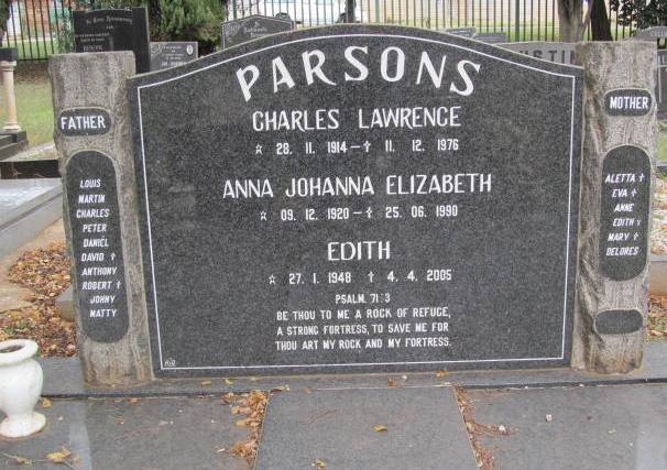PARSONS Charles Lawrence 1914-1976 &amp; Anna Johanna Elizabeth 1920-1990 :: PARSONS Edith 1948-2005