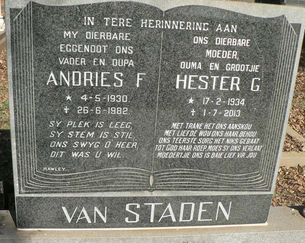 STADEN Andries F., van 1930-1982 &amp; Hester G. 1934-2013