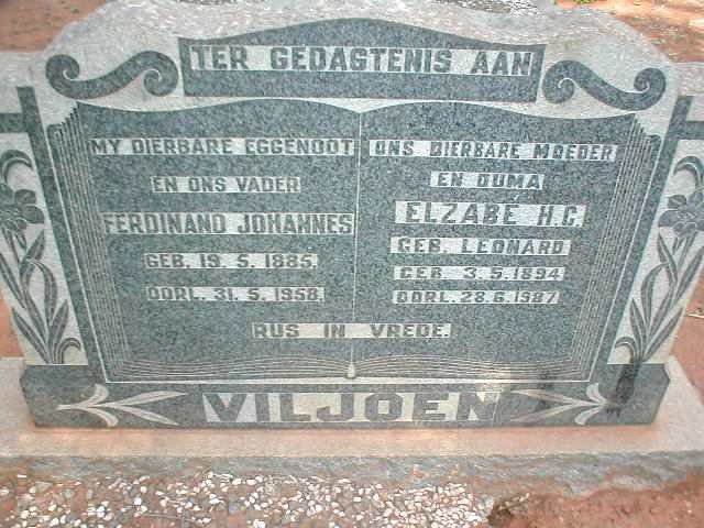 VILJOEN Ferdinand Johannes 1885-1958 &amp; Elzabe H.C. LEONARD 1894-1987