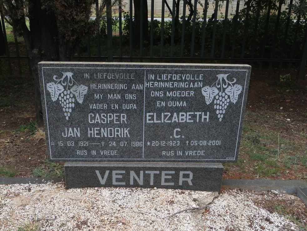 VENTER Casper Jan Hendrik 1921-1986 &amp; Elizabeth C. 1923-2001