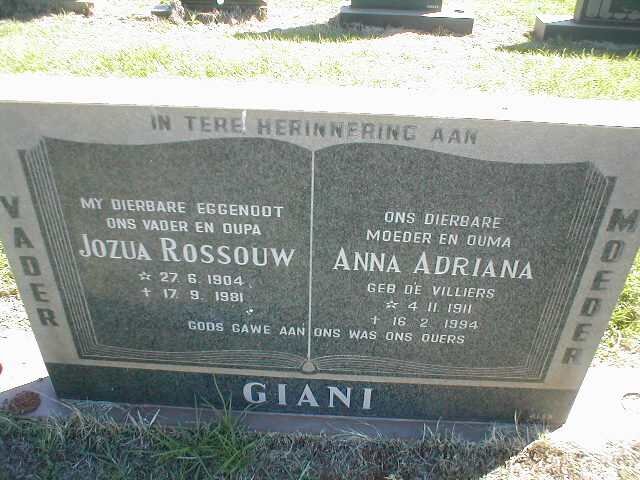 GIANI Jozua Rossouw 1904-1981 &amp; Anna Adriana DE VILLIERS 1911-1994