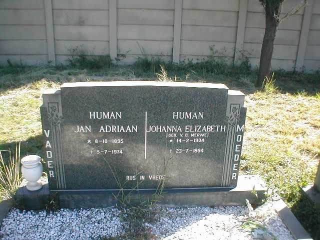 HUMAN Jan Adriaan 1895-1974 &amp; Johanna Elizabeth V.D. MERWE 1904-1994