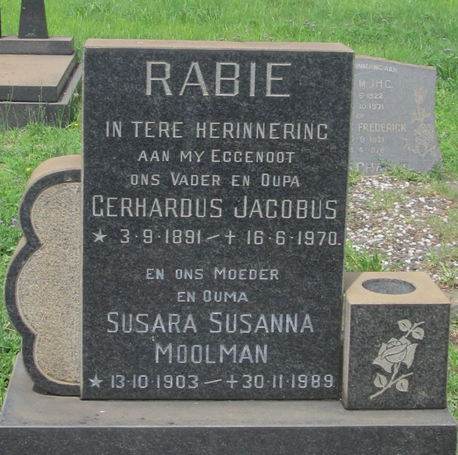 RABIE Gerhardus Jacobus 1891-1970 &amp; Susara Susanna MOOLMAN 1903-1989