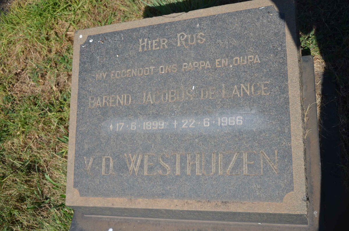 WESTHUIZEN Barend Jacobus de Lange, v.d. 1899-1966