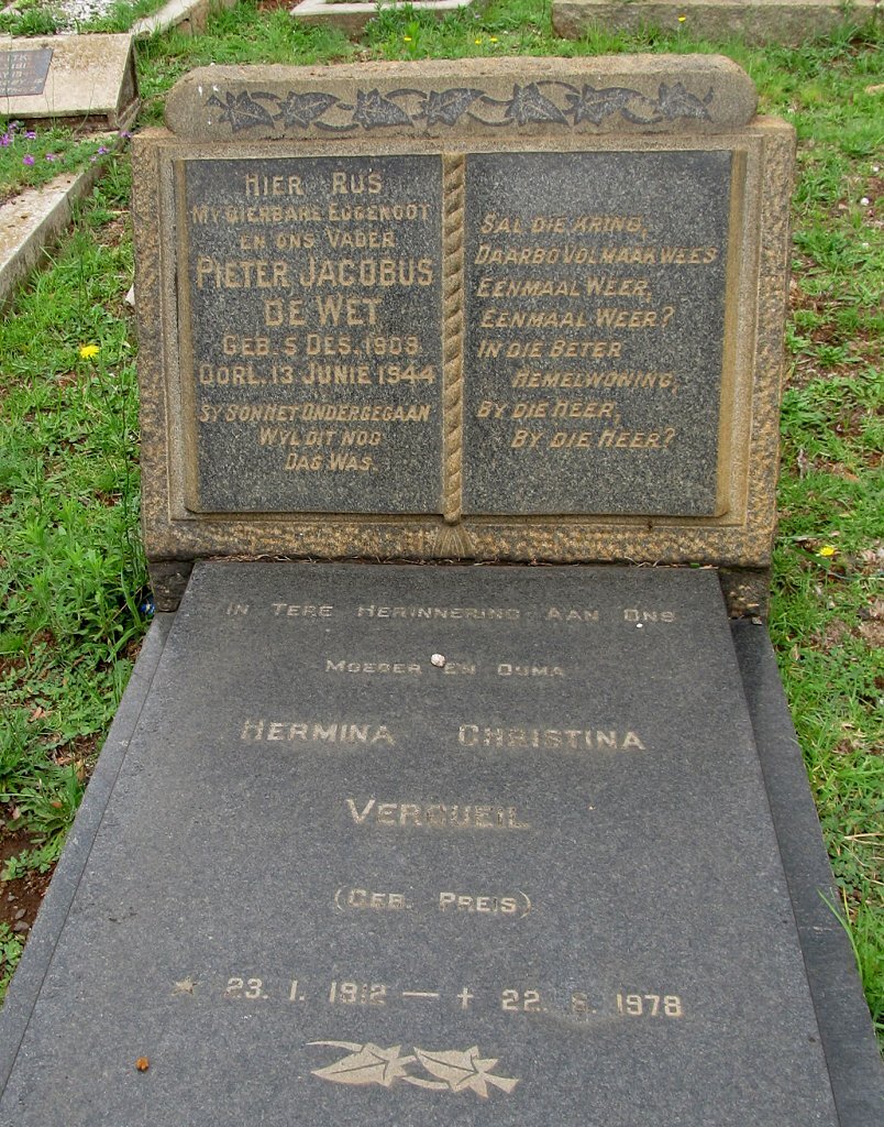 WET Pieter Jacobus, de 1909-1944 &amp; Hermina Christina VERCUEIL nee PREIS 1912-1978