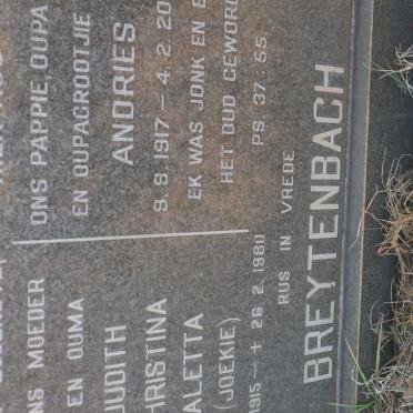 BREYTENBACH Andries 1917-2002 &amp; Judith Christina Aletta 1915-1980