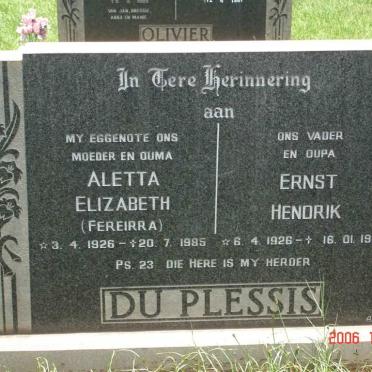 PLESSIS Ernest Hendrik, du 1926-1987 &amp;  Aletta Elizabeth FERREIRA 1926-1985
