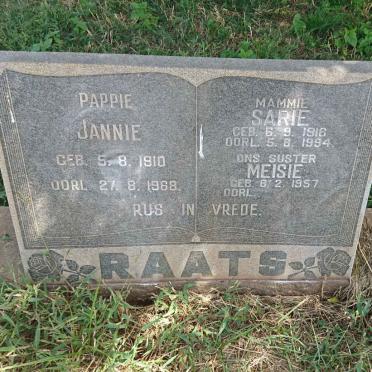 RAATS Jannie 1910-1968 &amp; Sarie 1916-1994 :: RAATS Meisie 1957-
