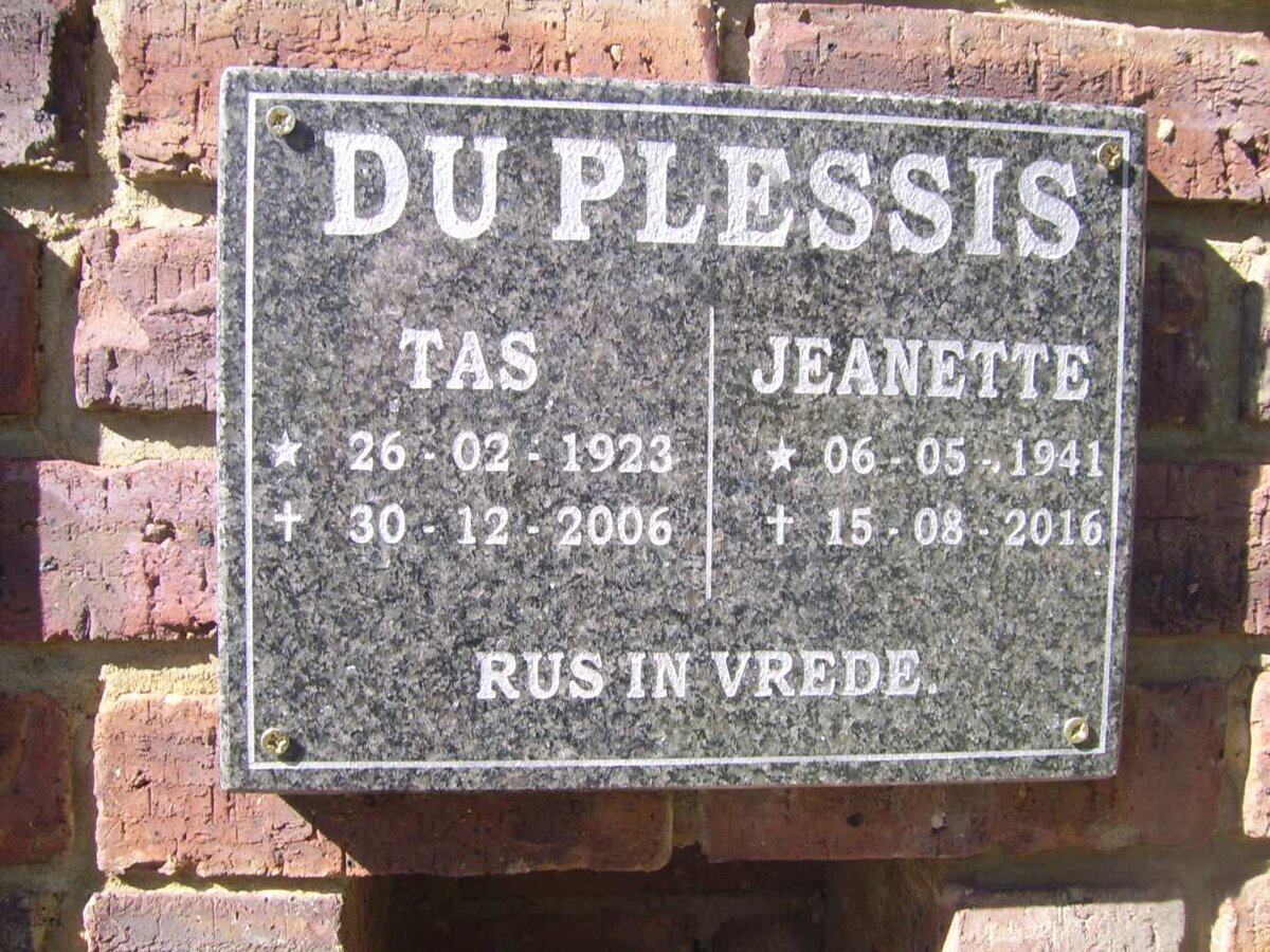 PLESSIS Tas, du 1923-2006 &amp; Jeanette 1941-2016