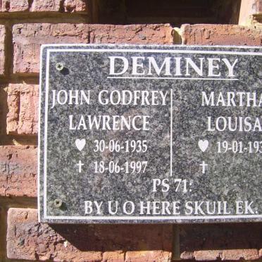 DEMINEY John Godfrey Lawrence 1935-1997 &amp; Martha Louisa 1939-