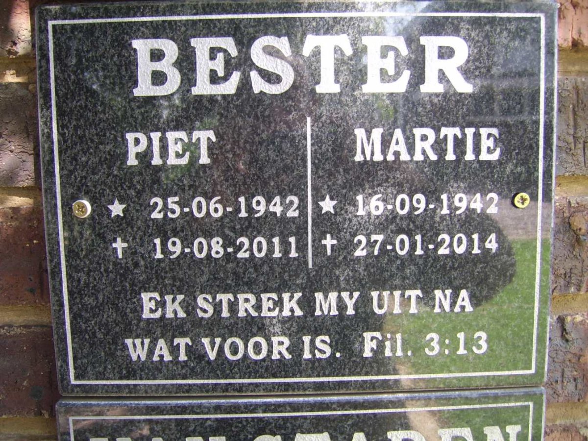BESTER Piet 1942-2011 &amp; Martie 1942-2014