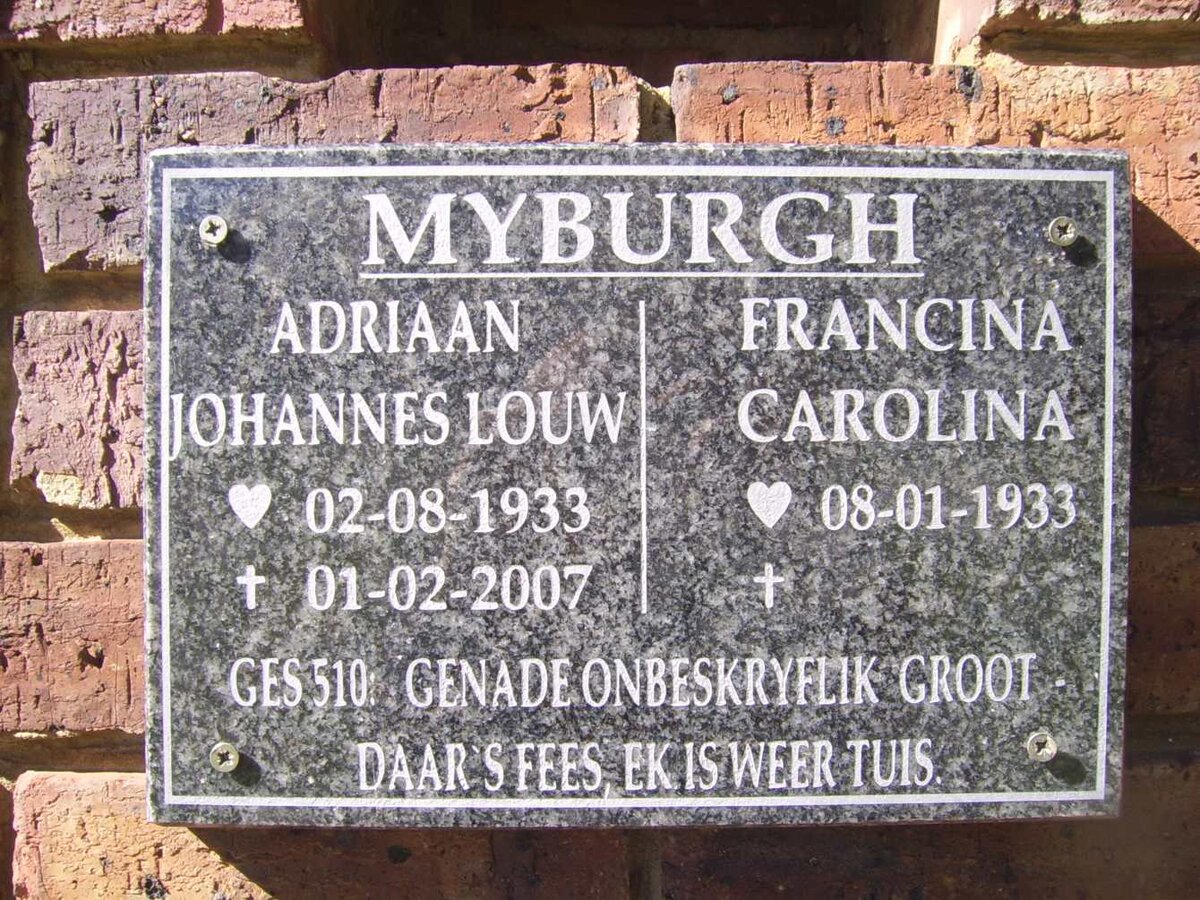 MYBURGH Adriaan Johannes Louw 1933-2007 &amp; Francina Carolina 1933-