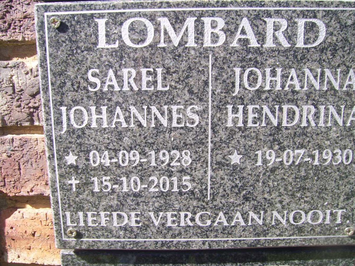 LOMBARD Sarel Johannes 1928-2015 &amp; Johanna Hendrina 1930-