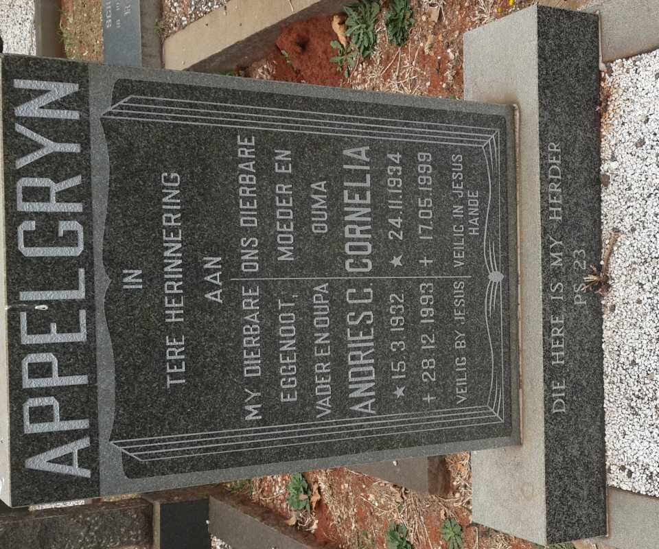 APPELGRYN Andries C. 1932-1993 &amp; Cornelia 1934-1999