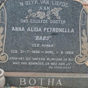 BOTHA  Anna Alida Petronella nee HUMAN 1906-1956