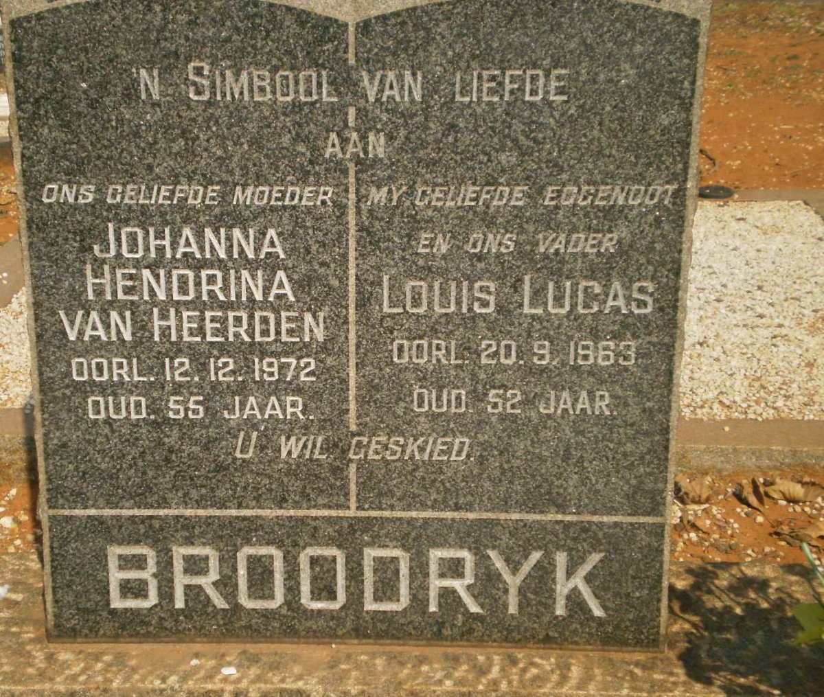 BROODRYK Louis Lucas -1963 &amp; Johanna Hendrina VAN HEERDEN -1972