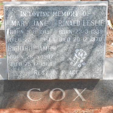 COX Richard James 1902-1966 &amp; Mary Jane 1915-1961 :: COX Ronald Leslie 1938-1970