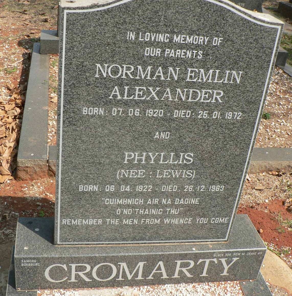 CROMARTY Norman Emlin Alexander 1920-1972 &amp; Phyllis LEWIS 1922-1969