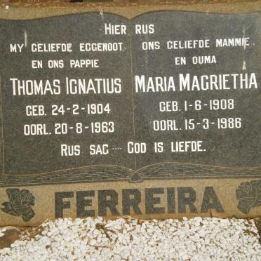 FERREIRA Thomas Ignatius 1904-1963 &amp; Maria Magrietha 1908-1986