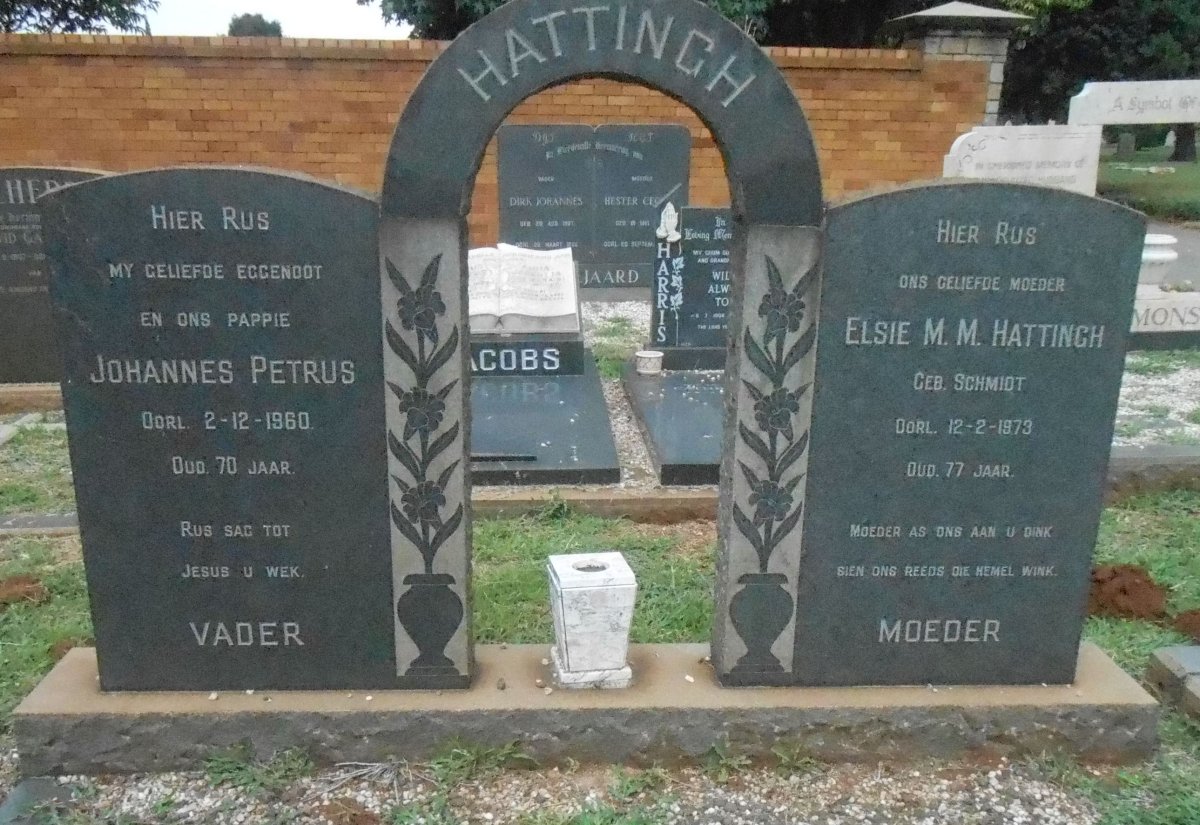 HATTINGH Johannes Petrus -1960 &amp; Elsie M.M. SCHMIDT -1973