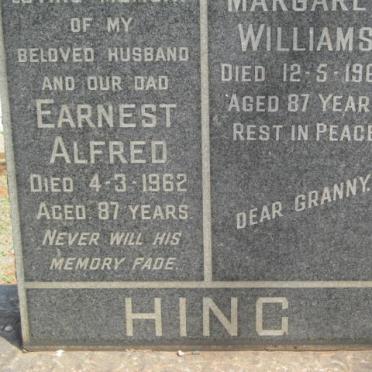 HING Earnest Alfred -1962 &amp; Margaret WILLIAMS -1969