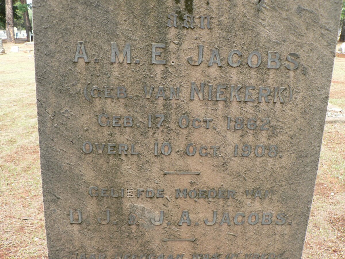 JACOBS A.M.E nee VAN NIEKERK 1862-1908