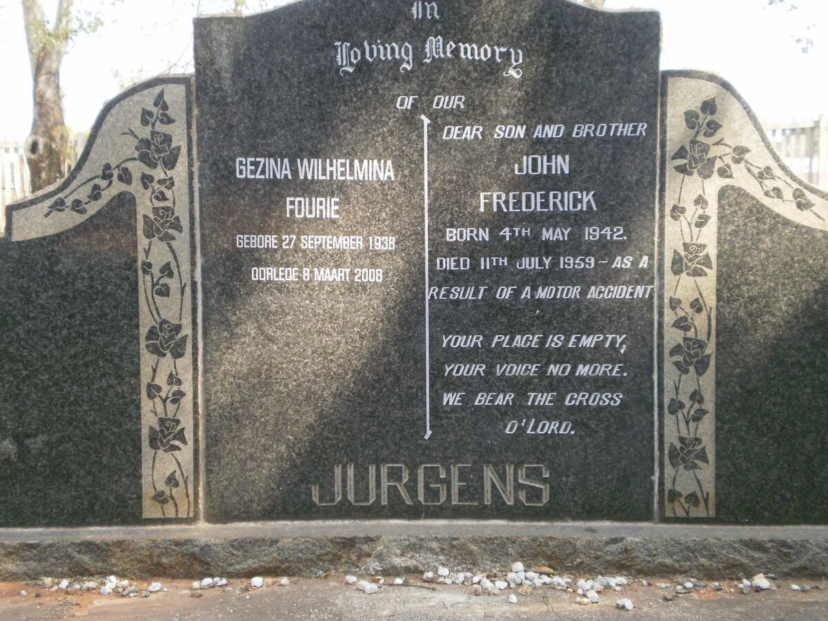 JURGENS Gezina Wilhelmina, FOURIE 1938-2008 :: JURGENS John Frederick 1942-1959