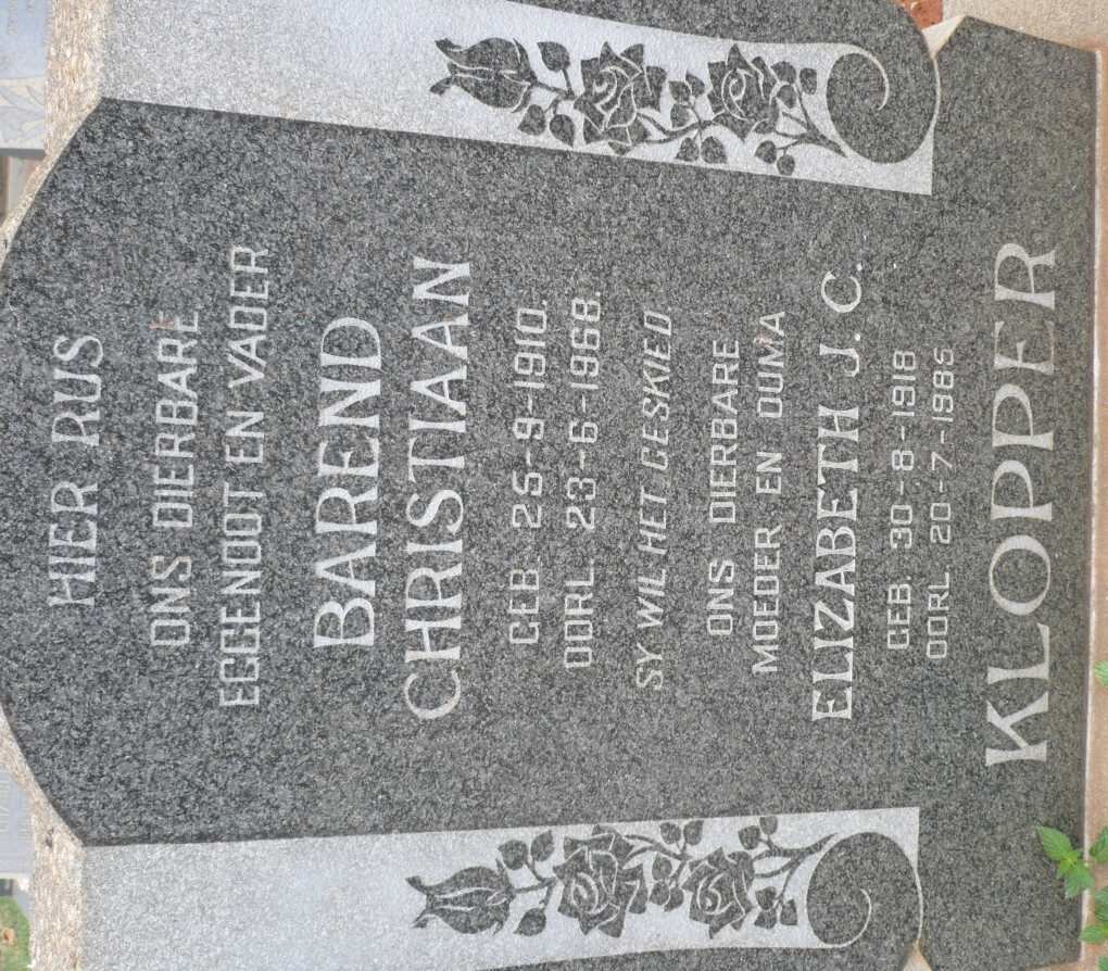 KLOPPER Barend Christiaan 1910-1968 &amp; Elizabeth J.C. 1918-1985