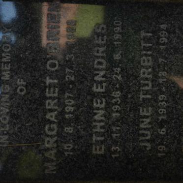 O'BRIEN Margaret 1907-1988 :: ENDRES Ethne 1936-1990 :: TURBITT June 1939-1994
