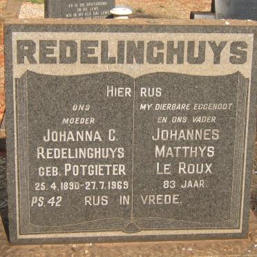 REDELINGHUYS Johannes Matthys le Roux &amp; Johanna C. POTGIETER 1890-1969