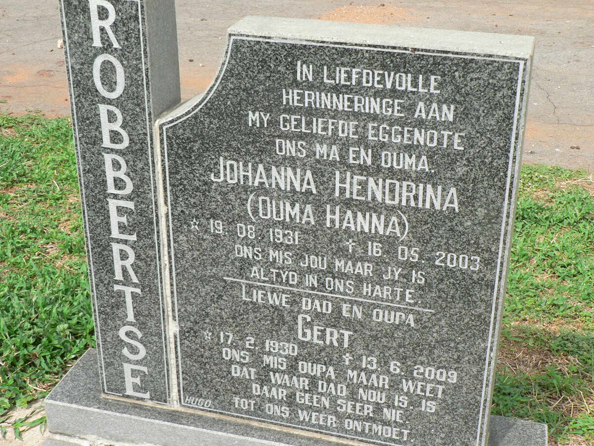 ROBBERTSE Gert 1930-2009 &amp; Johanna Hendrina 1931-2003