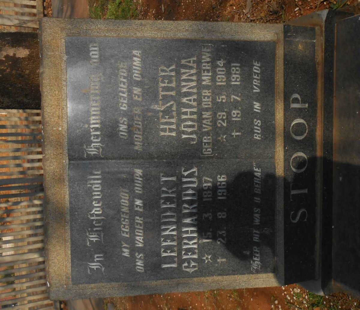 STOOP Leendert Gerhardus 1897-1966 &amp; Hester Johanna VAN DER MERWE 1904-1981