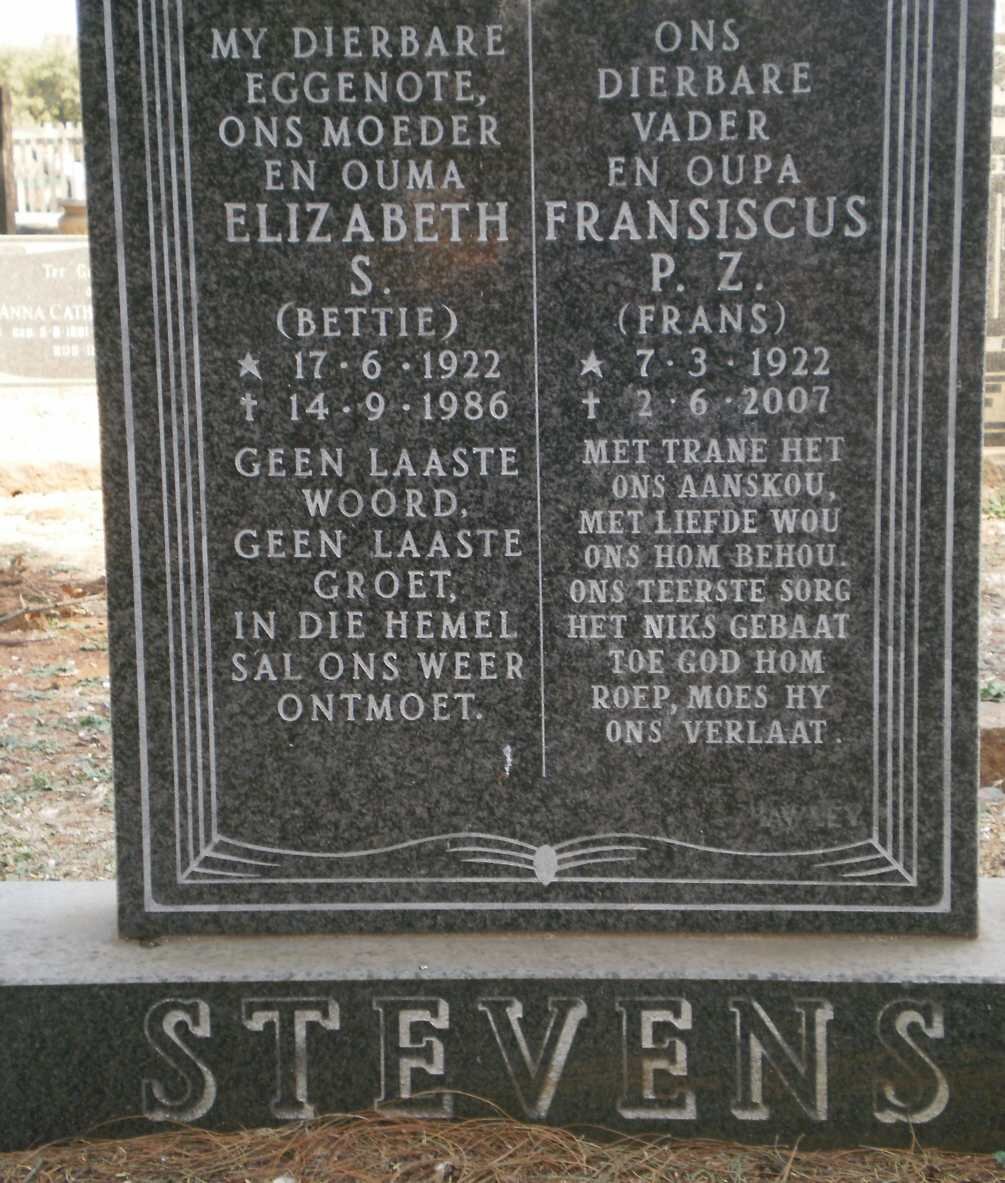 STEVENS Fransiscus P.Z. 1922-2007 &amp; Elizabeth S. 1922-1986