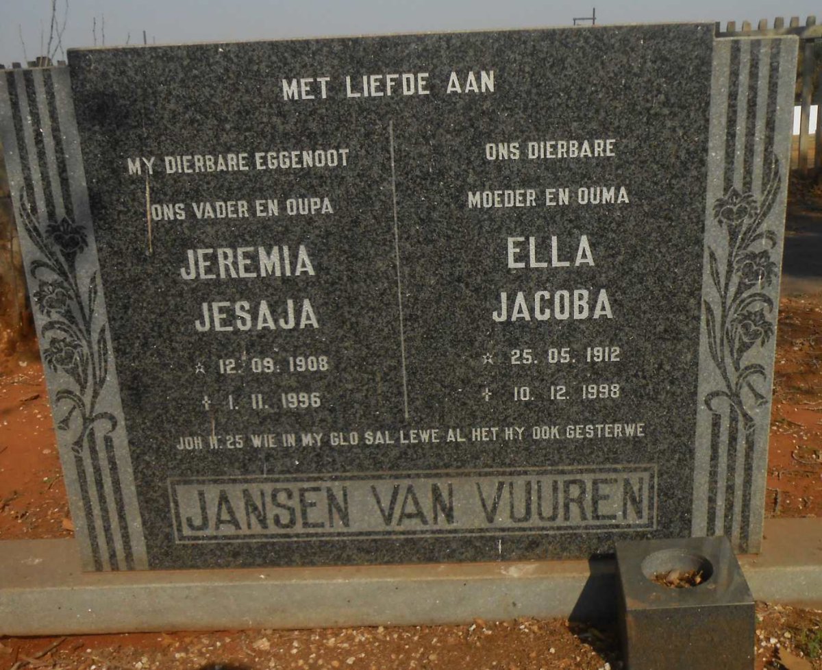 VUUREN Jeremia Jesaja, Jansen van 1908-1996 &amp; Ella Jacoba 1912-1998