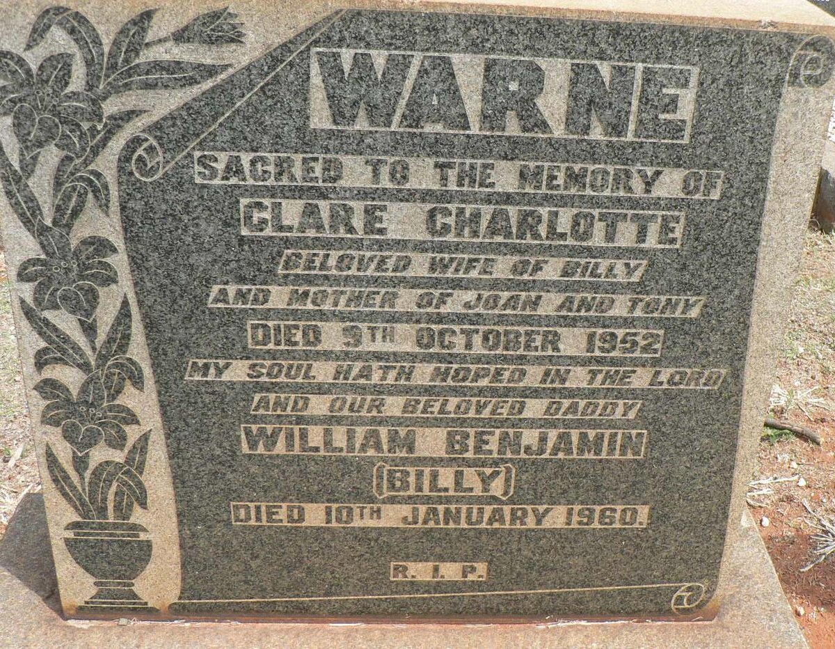 WARNE William Benjamin -1960 &amp; Clare Charlotte -1952