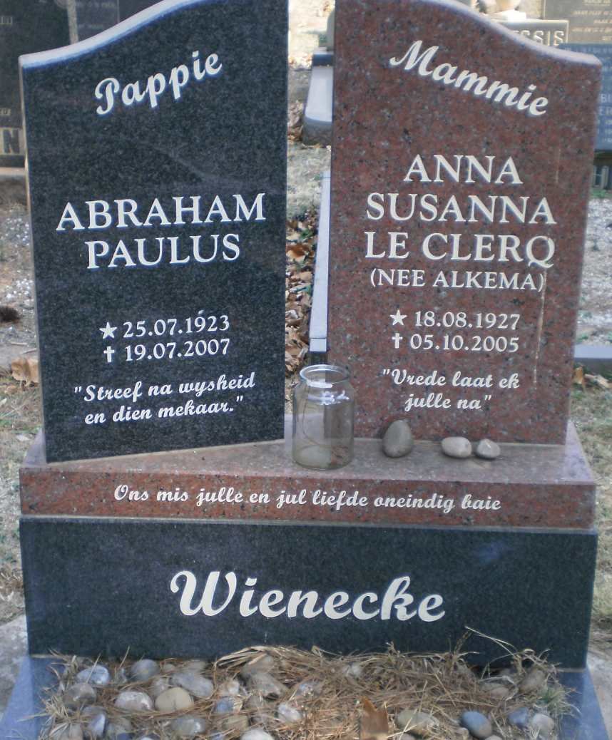 WIENECKE Abraham Paulus 1923-2007 &amp; Anna Susanna Le Clerq ALKEMA 1927-2005