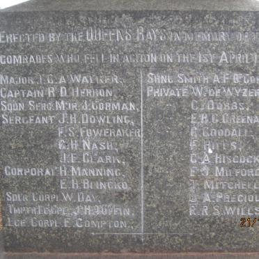2. Erected by the Queens Bays in memory of their comrades who fell in action on 1st April,1902