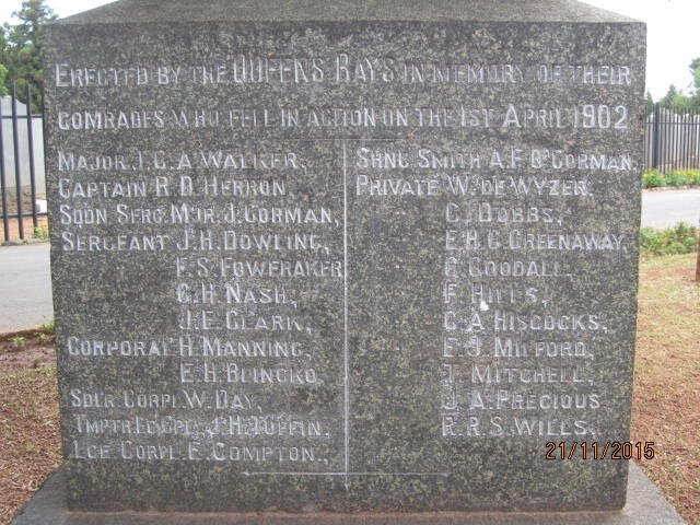 2. Erected by the Queens Bays in memory of their comrades who fell in action on 1st April,1902